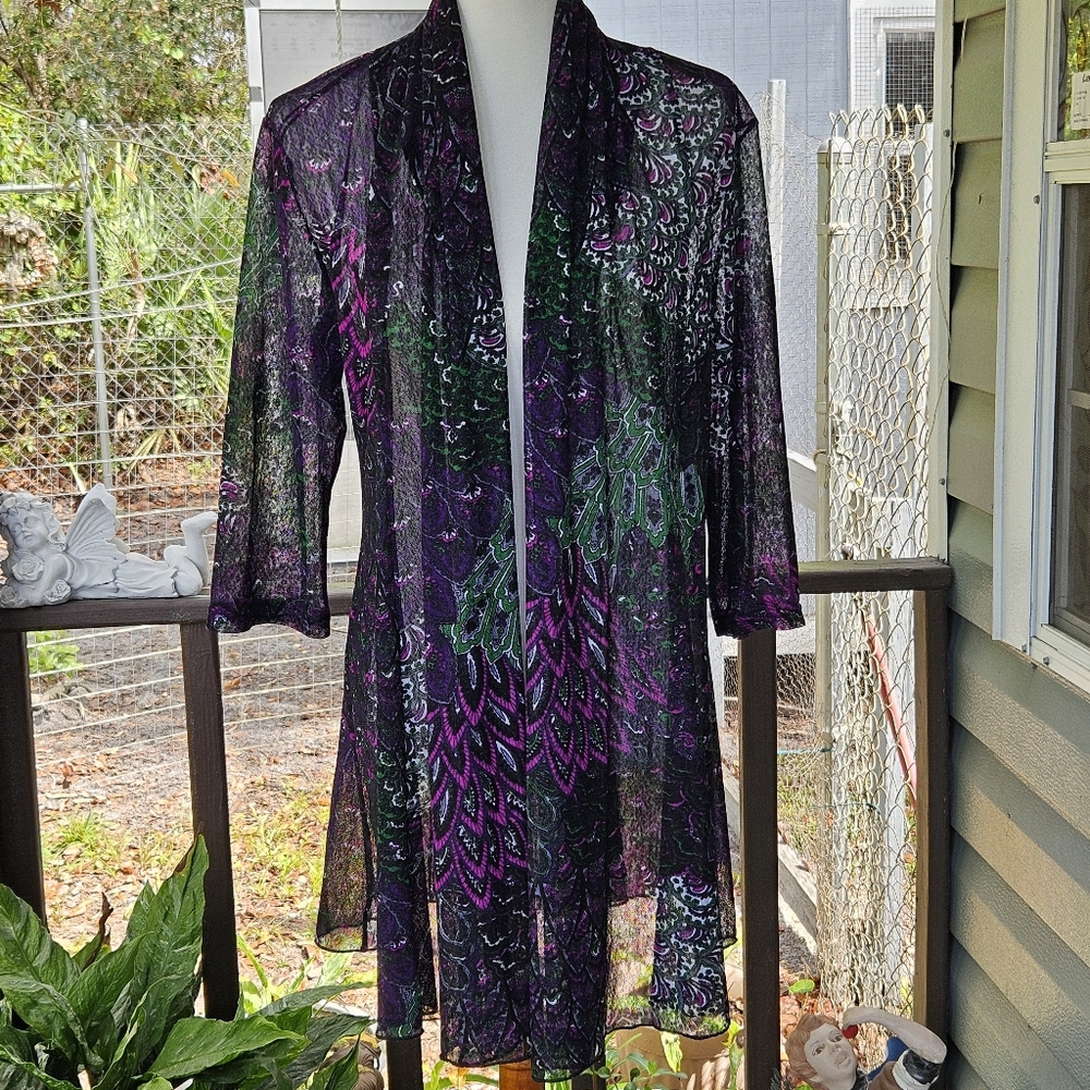 Sheer Mesh Kimono Cardigan Open Front Duster Multicolor Peacock Print Fairy Boho